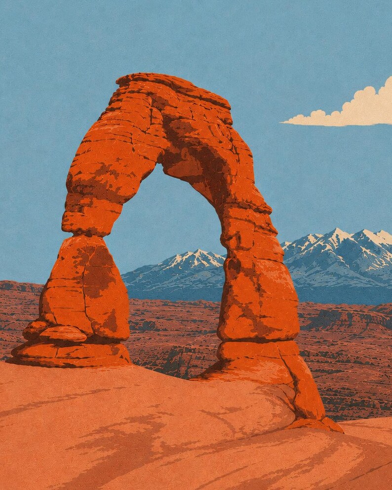 Arches National Park Poster, Delicate Arch Utah Vintage Travel Print, Retro Desert Landscape Wall Art, 1960s WPA Style Printable Decor image 4