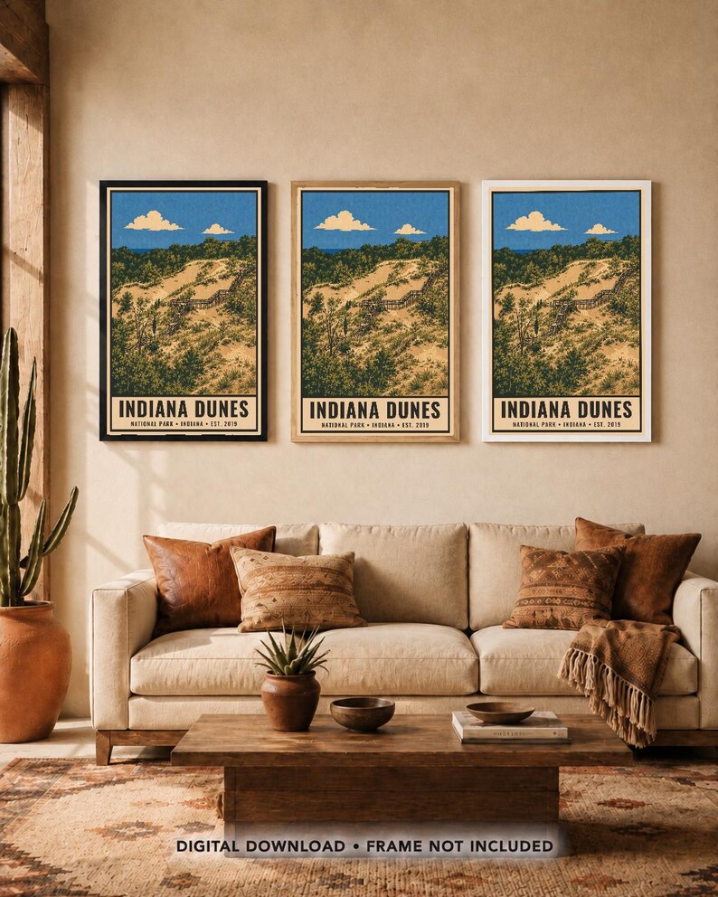 Plakat z Parku Narodowego Indiana Dunes, wydruk z podróży po plaży nad jeziorem Michigan w stylu vintage, dekoracja ścienna z wydmami w stylu retro, dekoracja do druku w stylu WPA z lat 60. XX wieku zdjęcie 8