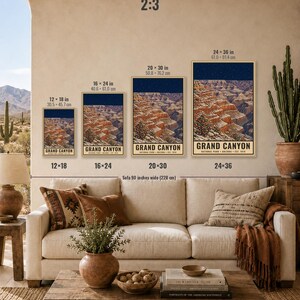 May include: Four vertical posters of the Grand Canyon National Park in Arizona, displayed in sizes 12x18, 16x24, 20x30, and 24x36 inches. Each poster features a snowy canyon landscape under a dark blue starry sky with the text GRAND CANYON.