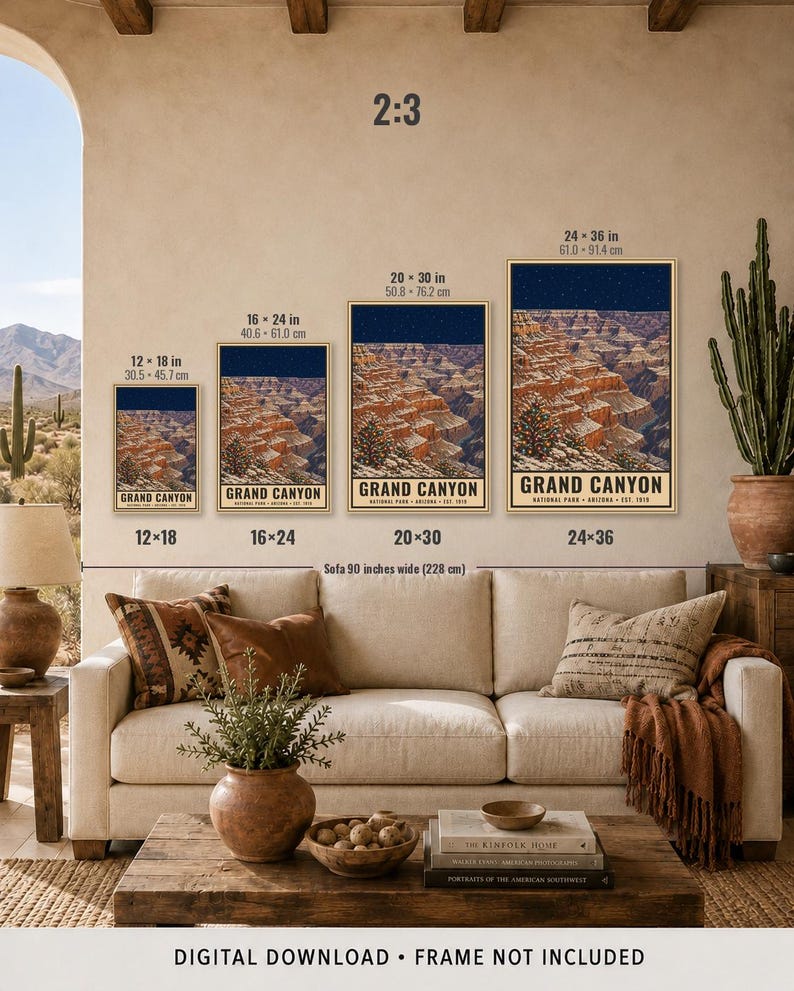 May include: Four vertical posters of the Grand Canyon National Park in Arizona, displayed in sizes 12x18, 16x24, 20x30, and 24x36 inches. Each poster features a snowy canyon landscape under a dark blue starry sky with the text GRAND CANYON.