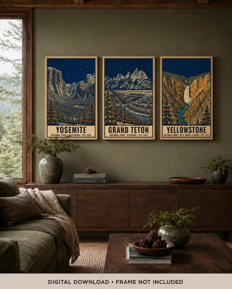May include: A set of three vertical posters featuring illustrations of Yosemite, Grand Teton, and Yellowstone National Parks. Each print depicts a night landscape with starry skies, snow-capped mountains, and evergreen trees decorated with lights.