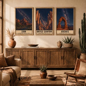 May include: Three vertical wall art prints featuring night sky landscapes of Zion, Bryce Canyon, and Arches National Parks. Each print displays a starry galaxy above red rock formations with text at the bottom. Digital download, frame not included.