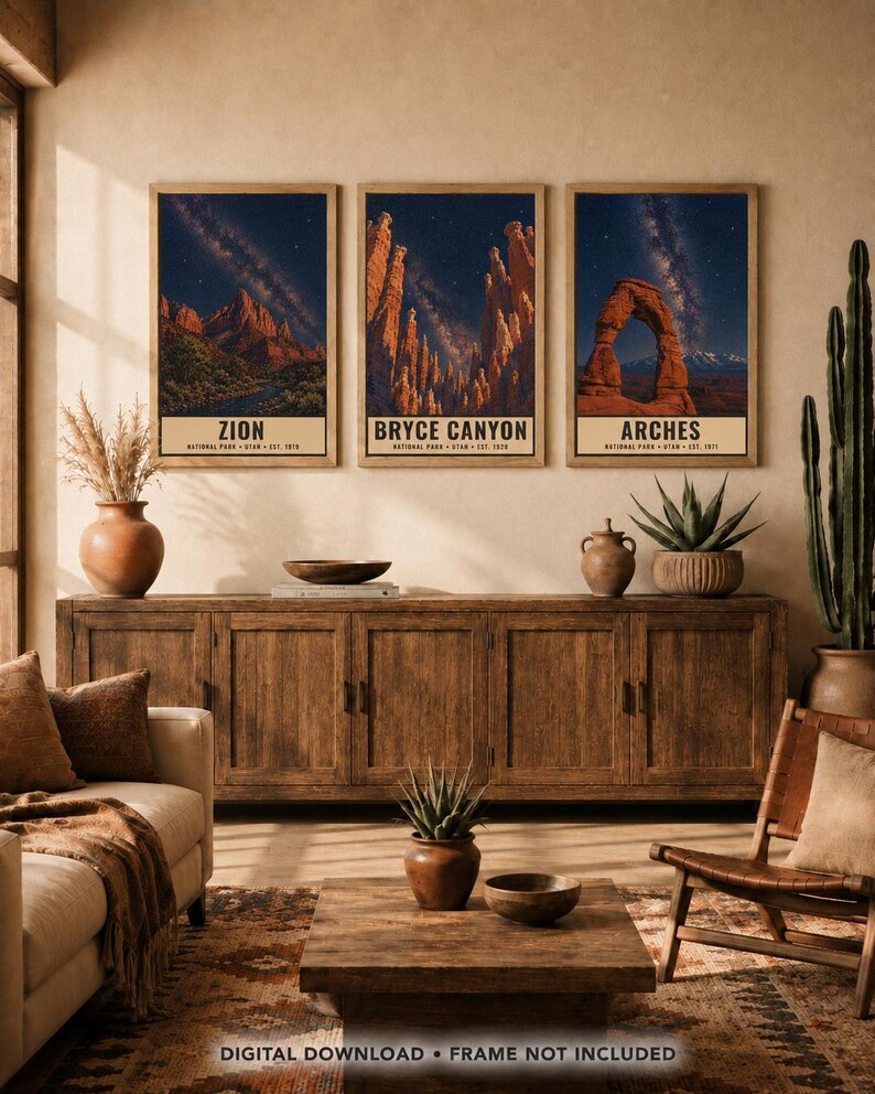 May include: Three vertical wall art prints featuring night sky landscapes of Zion, Bryce Canyon, and Arches National Parks. Each print displays a starry galaxy above red rock formations with text at the bottom. Digital download, frame not included.