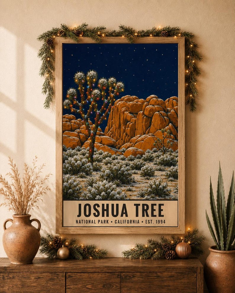 May include: A rectangular framed wall art print featuring a Joshua Tree National Park landscape at night. The image shows a Joshua tree decorated with colorful string lights, orange rock formations, and a starry sky. Text reads JOSHUA TREE.