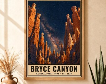 Bryce Canyon National Park Night Sky Poster, Hoodoos Milky Way Print, Utah Stargazing Wall Art (Digital Download)