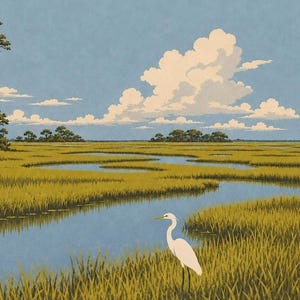 Pu&ograve; includere: Un'illustrazione di un poster delle Everglades con un'egretta bianca in piedi nell'erba di palude verde dorata accanto a un corso d'acqua blu tortuoso sotto un cielo azzurro con nuvole bianche. La parola EVERGLADES &egrave; stampata in nero in basso.