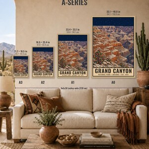 May include: Four posters labeled A3, A2, A1, and A0 depicting the Grand Canyon at night with snow and a decorated tree. Sizes range from 11.7 x 16.5 inches to 33.1 x 46.8 inches. The text reads Grand Canyon National Park Arizona Est. 1919.