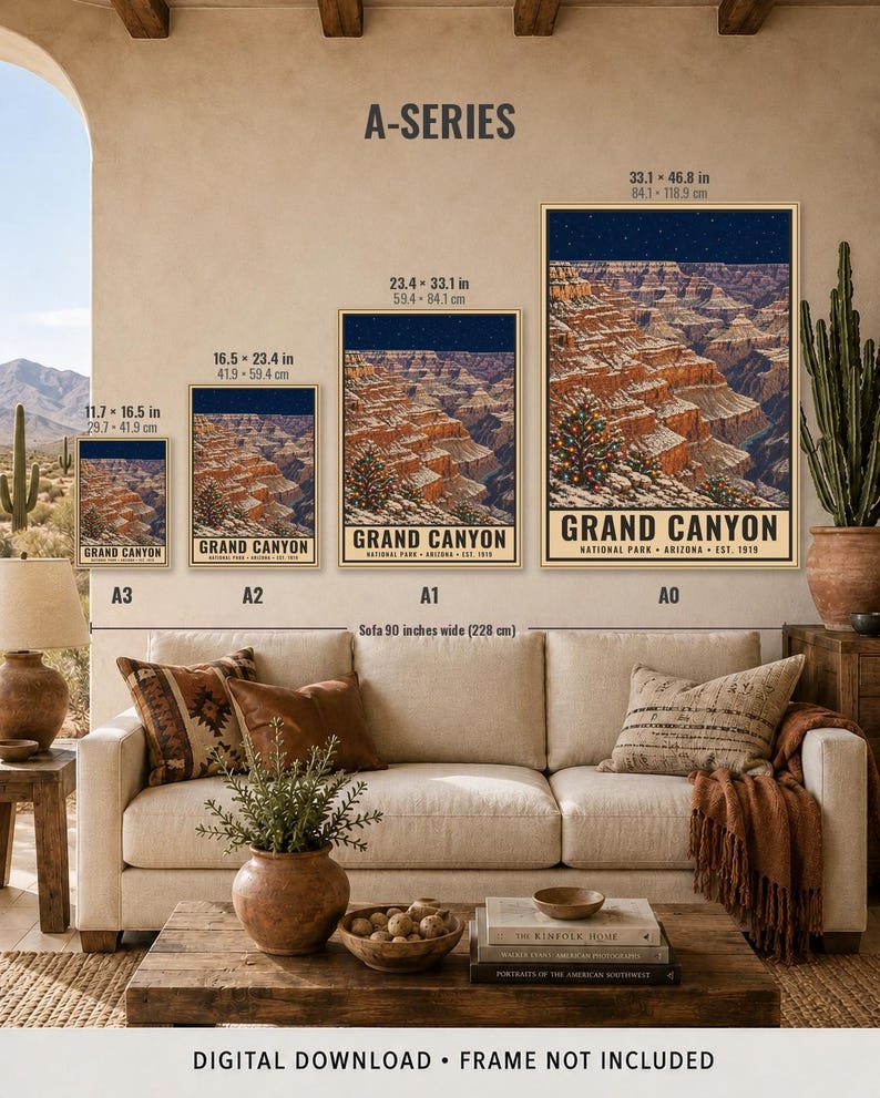 May include: Four posters labeled A3, A2, A1, and A0 depicting the Grand Canyon at night with snow and a decorated tree. Sizes range from 11.7 x 16.5 inches to 33.1 x 46.8 inches. The text reads Grand Canyon National Park Arizona Est. 1919.
