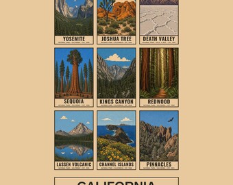Zestaw plakatów z kalifornijskich parków narodowych, zestaw sekwoi Joshua Tree w Yosemite, sztuka ścienna w stylu retro Coast, gigantyczne drzewa w stylu WPA do pobrania w wersji cyfrowej