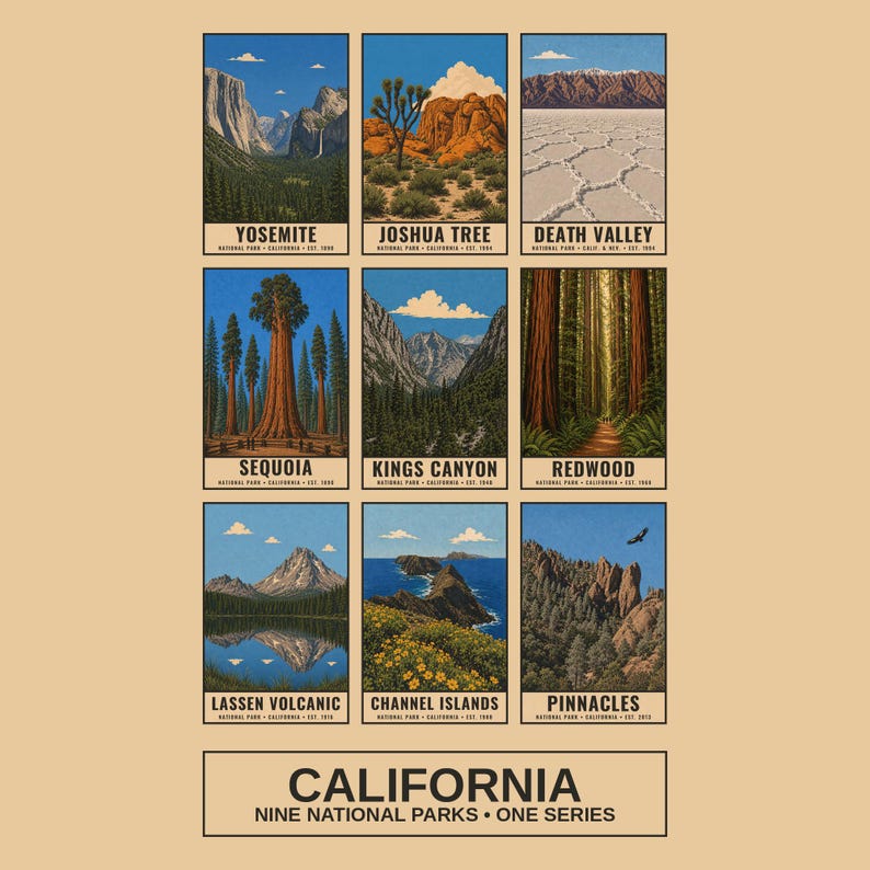 May include: A poster featuring nine illustrated panels of California national parks: Yosemite, Joshua Tree, Death Valley, Sequoia, Kings Canyon, Redwood, Lassen Volcanic, Channel Islands, and Pinnacles, with the text CALIFORNIA NINE NATIONAL PARKS.