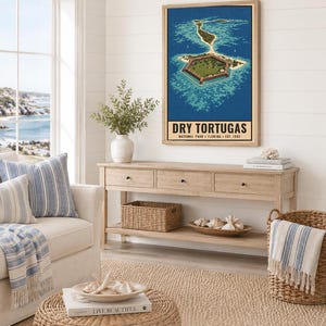 May include: A vertical rectangular wall art print featuring an aerial illustration of the Dry Tortugas National Park in Florida. The artwork displays a hexagonal fort surrounded by blue ocean water and sandy islands, with the text DRY TORTUGAS.