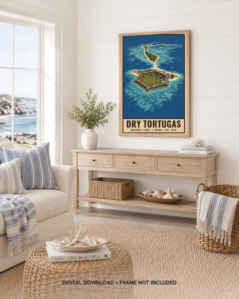 May include: A vertical rectangular wall art print featuring an aerial illustration of the Dry Tortugas National Park in Florida. The artwork displays a hexagonal fort surrounded by blue ocean water and sandy islands, with the text DRY TORTUGAS.
