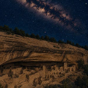 May include: An ancient cliff dwelling built into a sandstone alcove, featuring multi-story stone structures and circular rooms. The site is set against a dark night sky filled with a bright, visible Milky Way galaxy and numerous twinkling stars.