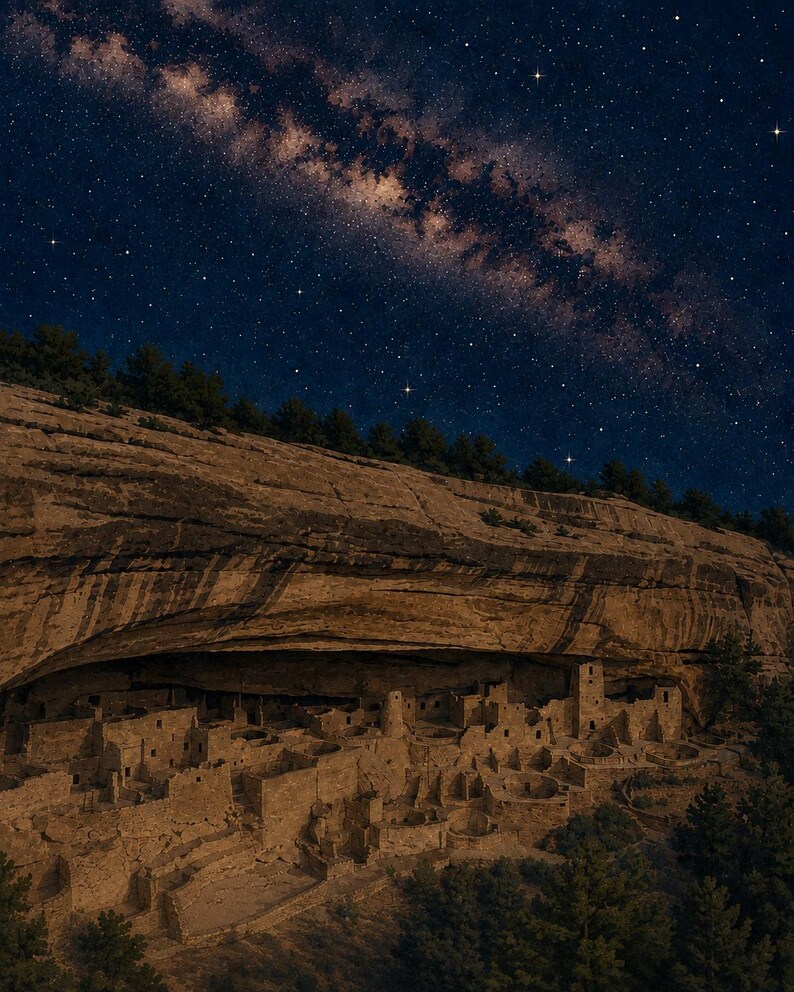 May include: An ancient cliff dwelling built into a sandstone alcove, featuring multi-story stone structures and circular rooms. The site is set against a dark night sky filled with a bright, visible Milky Way galaxy and numerous twinkling stars.