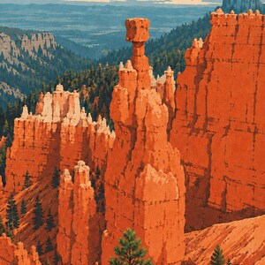 Op de afbeelding: Een levendige landschapsillustratie met oranje-rode hoodoo-rotsformaties in een canyon. Hoge, slanke stenen pilaren rijzen op uit de grond, afgewisseld met donkergroene dennenbomen. Een blauwe lucht met witte wolken bevindt zich boven de verre horizon.