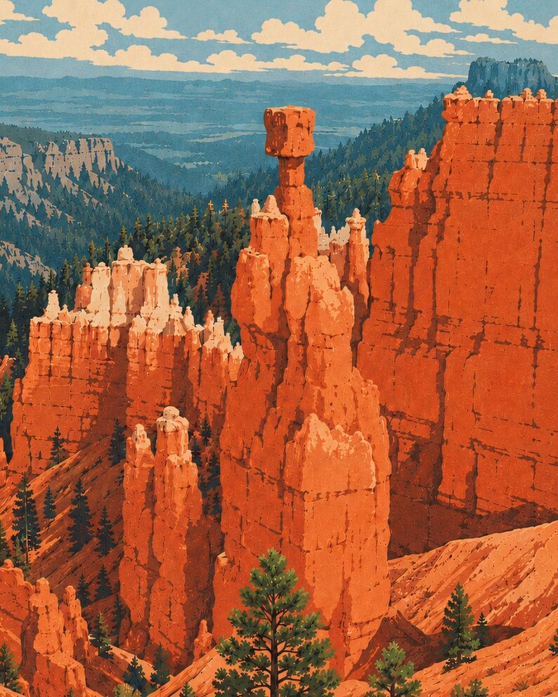 Op de afbeelding: Een levendige landschapsillustratie met oranje-rode hoodoo-rotsformaties in een canyon. Hoge, slanke stenen pilaren rijzen op uit de grond, afgewisseld met donkergroene dennenbomen. Een blauwe lucht met witte wolken bevindt zich boven de verre horizon.