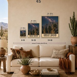 May include: Three rectangular wall art prints of Great Basin National Park, Nevada, displayed in 8x10, 16x20, and 24x30 inch sizes. Each print features a night sky with a starry galaxy above dark mountain silhouettes and gnarled trees.