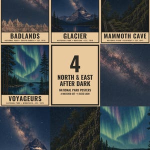 May include: A collection of national park posters featuring night sky scenes. The set includes Badlands, Glacier, Mammoth Cave, and Voyageurs parks, each with text labels. A central panel displays the text 4 NORTH & EAST AFTER DARK NATIONAL PARK POSTERS A MATCHED SET 4 SIZES EACH.