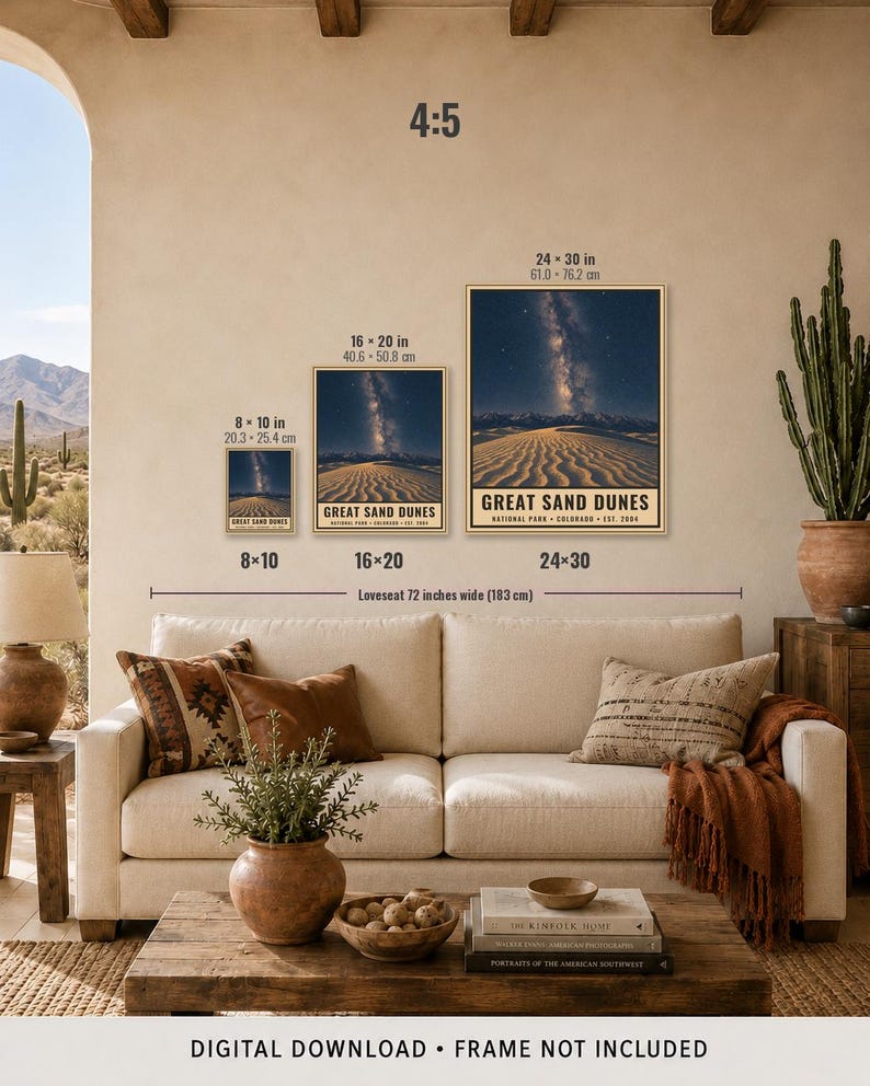 May include: Three rectangular wall art prints of Great Sand Dunes National Park, Colorado, displayed in 8x10, 16x20, and 24x30 inch sizes. Each print features a night sky with a visible Milky Way over sand dunes and text at the bottom.