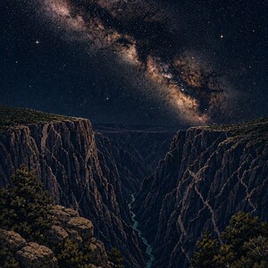 May include: A deep canyon with dark, jagged rock walls and a narrow river flowing through the base. The foreground features rocky cliffs with green pine trees. Above, the night sky is filled with a bright, glowing Milky Way galaxy.