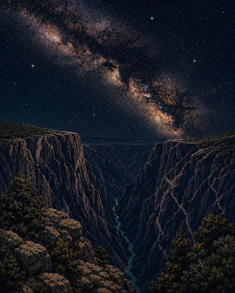 May include: A deep canyon with dark, jagged rock walls and a narrow river flowing through the base. The foreground features rocky cliffs with green pine trees. Above, the night sky is filled with a bright, glowing Milky Way galaxy.
