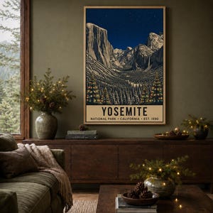 May include: A vertical rectangular wall art print featuring a night landscape of Yosemite National Park with granite cliffs, a starry sky, and pine trees decorated with glowing lights. The text reads YOSEMITE NATIONAL PARK CALIFORNIA EST. 1890.