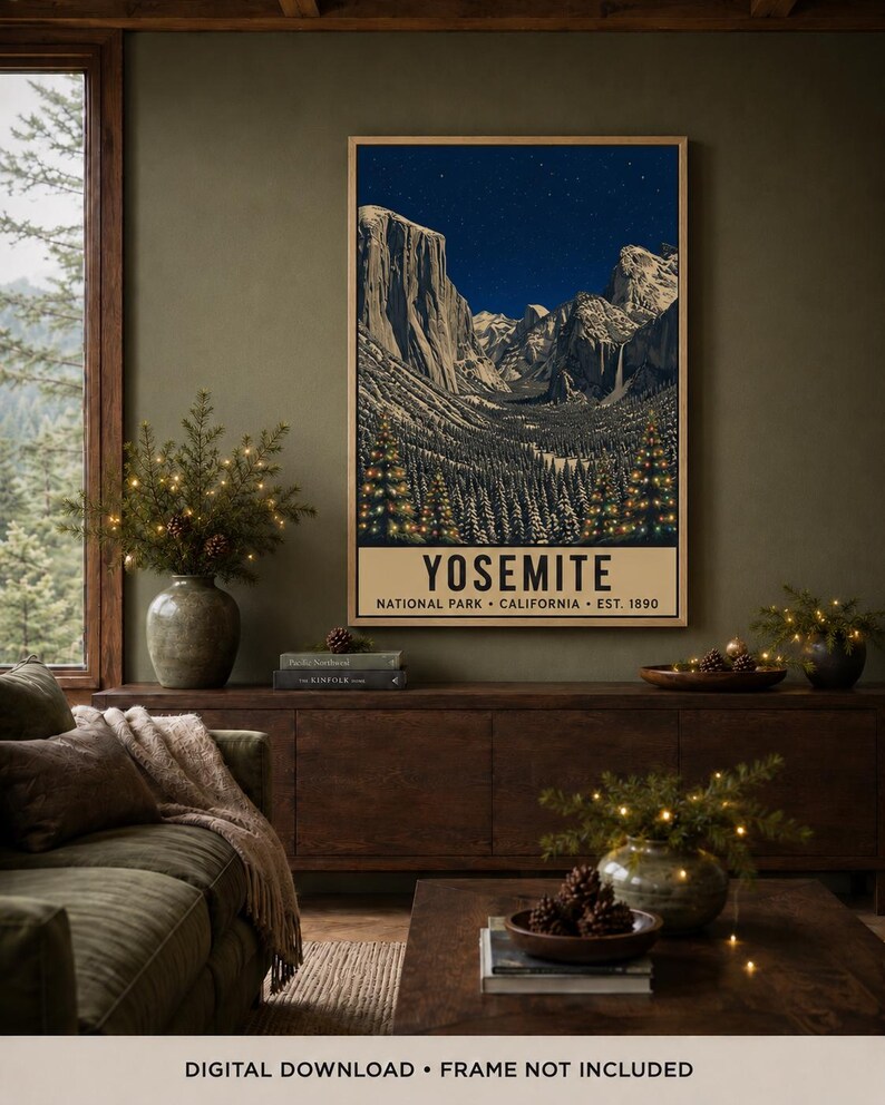 May include: A vertical rectangular wall art print featuring a night landscape of Yosemite National Park with granite cliffs, a starry sky, and pine trees decorated with glowing lights. The text reads YOSEMITE NATIONAL PARK CALIFORNIA EST. 1890.