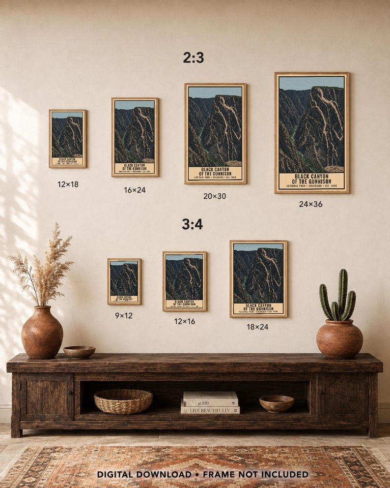 Op de afbeelding: Een collectie verticale wandkunstprints met het Black Canyon of the Gunnison National Park. De prints worden getoond in verschillende formaten met de labels 12x18, 16x24, 20x30, 24x36, 9x12, 12x16 en 18x24. Tekst: DIGITAL DOWNLOAD &bull; FRAME NOT INCLUDED.