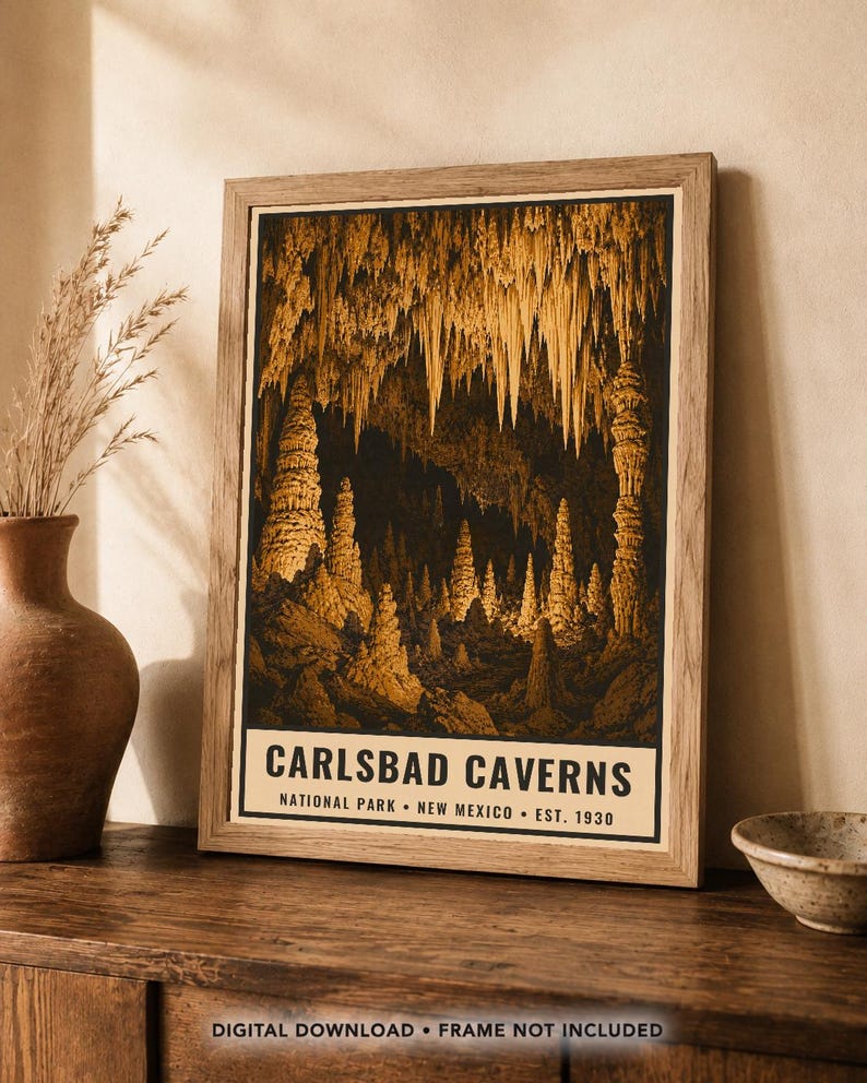 May include: A framed vertical poster featuring a sepia-toned illustration of the interior of Carlsbad Caverns, New Mexico. The text at the bottom reads: CARLSBAD CAVERNS NATIONAL PARK &bull; NEW MEXICO &bull; EST. 1930. The image depicts various stalactites and stalagmites.