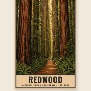 May include: A vertical poster featuring a path through a dense redwood forest with tall, textured brown tree trunks and green ferns. The text at the bottom reads REDWOOD NATIONAL PARK CALIFORNIA EST. 1968. The design includes a light border.