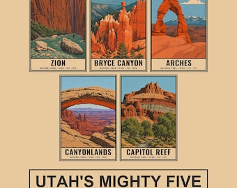 Zestaw plakatów Utah Mighty Five National Parks, zestaw wydruków Zion Arches Bryce, retro czerwony kamień ścienny, styl WPA, pobieranie cyfrowe z południowo-zachodnich stron