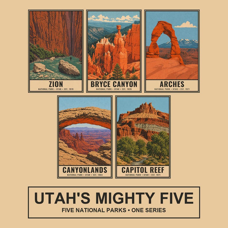 Op de afbeelding: Een verzameling van vijf rechthoekige posters met de nationale parken Zion, Bryce Canyon, Arches, Canyonlands en Capitol Reef in Utah. Elke poster bevat een landschapsillustratie met tekst eronder. De onderste tekst luidt UTAH'S MIGHTY FIVE.