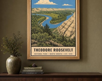 Theodore Roosevelt National Park Poster, North Dakota Badlands Vintage Travel Print, Retro Canyon Wall Art, WPA Style Printable Art