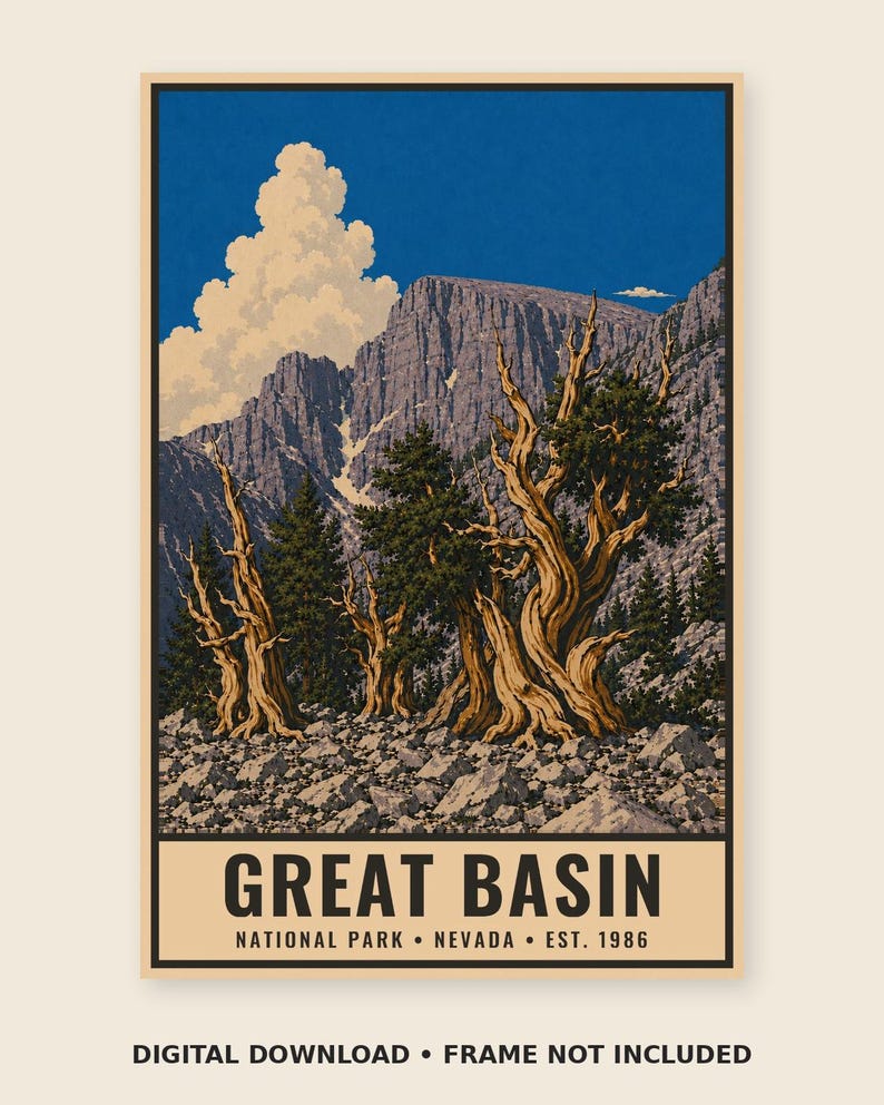 May include: A vertical poster featuring a landscape of Great Basin National Park, Nevada. The scene depicts rugged mountains, rocky terrain, and twisted ancient trees under a blue sky with white clouds. Text reads: GREAT BASIN NATIONAL PARK &bull; NEVADA &bull; EST. 1986.