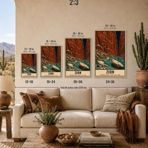 May include: Four vertical wall art prints of Zion National Park in Utah, displayed in sizes 12x18, 16x24, 20x30, and 24x36 inches. The artwork depicts red canyon walls, a blue river, and the text Zion National Park Utah Est. 1919 at the bottom.