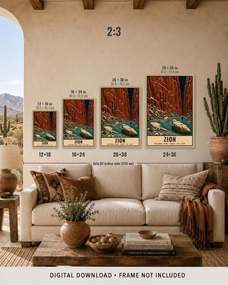May include: Four vertical wall art prints of Zion National Park in Utah, displayed in sizes 12x18, 16x24, 20x30, and 24x36 inches. The artwork depicts red canyon walls, a blue river, and the text Zion National Park Utah Est. 1919 at the bottom.