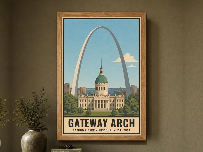 Gateway Arch National Park Poster, Vintage St Louis Missouri Travel Artwork, Printable Digital Decor, Retro Skyline Gift image 1
