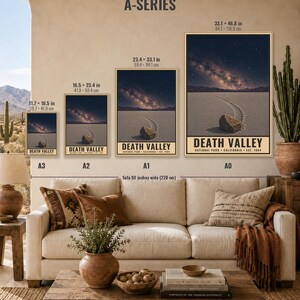 May include: Four framed posters labelled A3, A2, A1, and A0, each depicting a Death Valley landscape with a rock trail and starry sky. Sizes range from 29.7 x 41.9 cm to 84.1 x 118.9 cm. The text reads Death Valley National Park California Est. 1994.