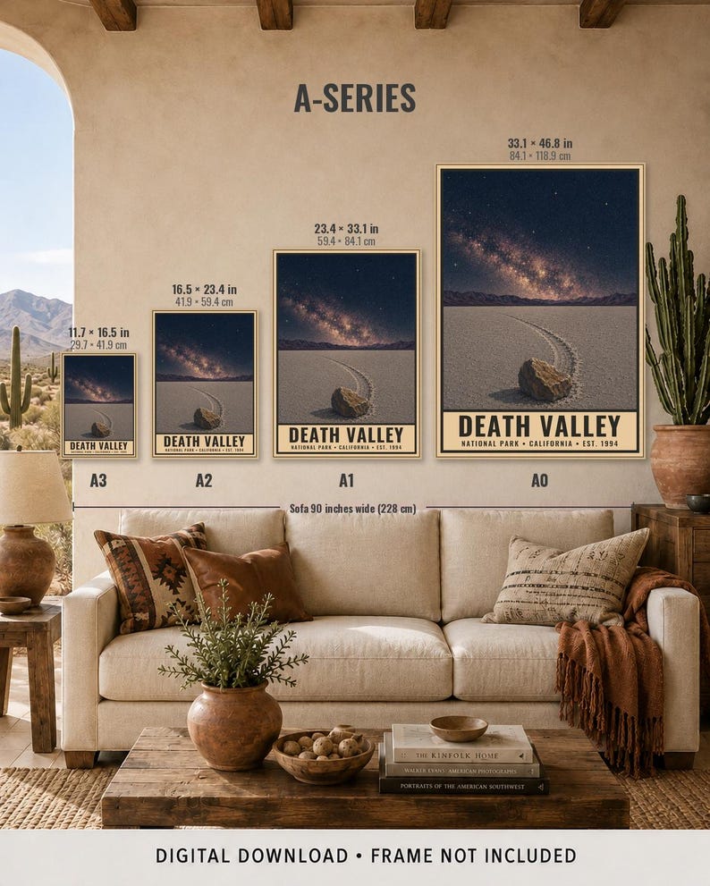 May include: Four framed posters labelled A3, A2, A1, and A0, each depicting a Death Valley landscape with a rock trail and starry sky. Sizes range from 29.7 x 41.9 cm to 84.1 x 118.9 cm. The text reads Death Valley National Park California Est. 1994.