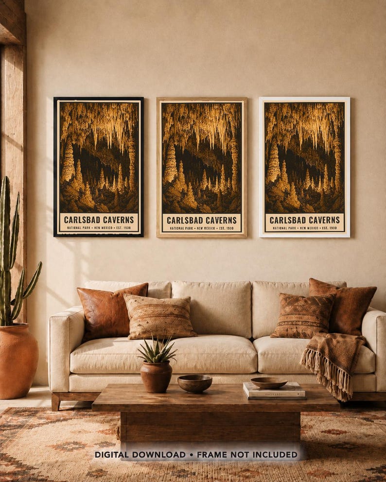 May include: Three vertical posters depicting the interior of Carlsbad Caverns with golden stalactites and stalagmites against a dark background. Each poster features the text: CARLSBAD CAVERNS, NATIONAL PARK, NEW MEXICO, EST. 1930.