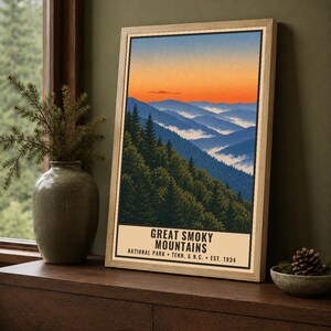 Great Smoky Mountains nationalpark-affisch, vintage resetryck med Blue Ridge-motiv, retro väggkonst i skog och berg, utskrivbar dekoration i WPA-stil bild 2