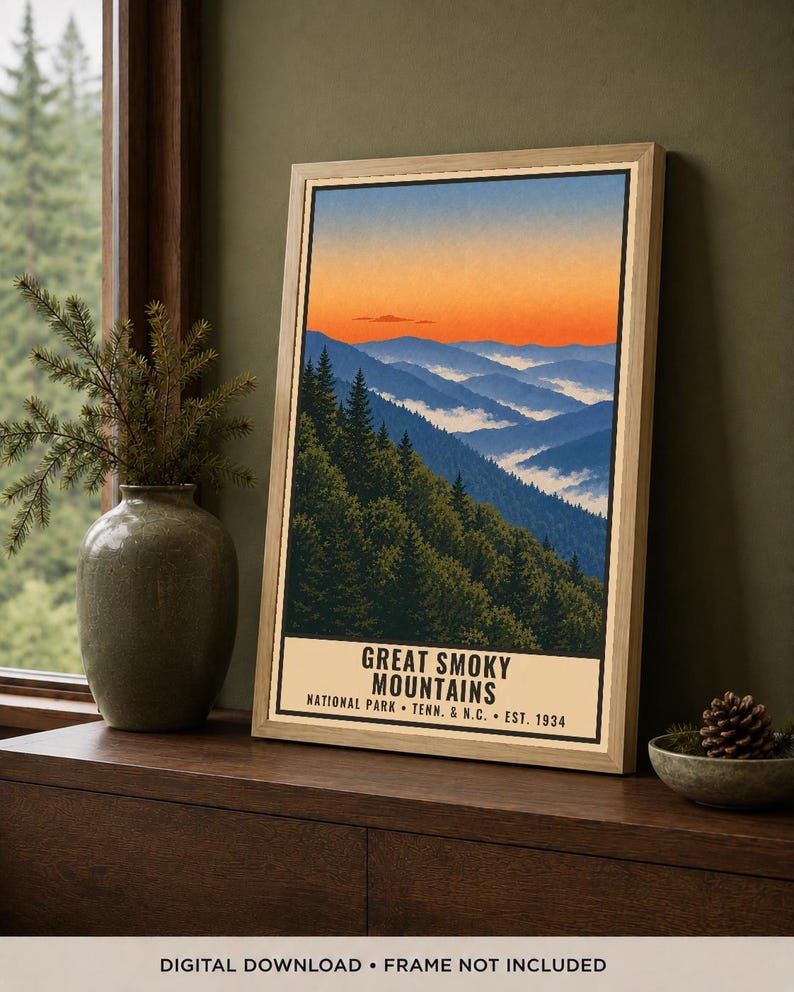 Great Smoky Mountains nationalpark-affisch, vintage resetryck med Blue Ridge-motiv, retro väggkonst i skog och berg, utskrivbar dekoration i WPA-stil bild 2
