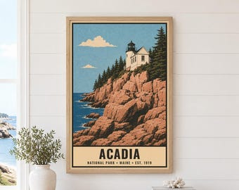 Acadia National Park Poster, Vintage Maine Lighthouse Print, Retro Coastal Landscape Art, 1960s WPA Style Serigraph Wall Decor