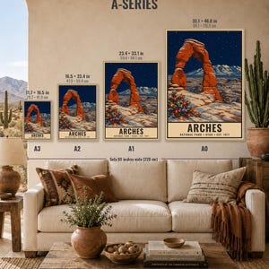May include: A series of four posters titled A-SERIES featuring Arches National Park with a night sky and a decorated Christmas tree. Sizes range from 11.7 x 16.5 inches to 33.1 x 46.8 inches. The text reads ARCHES NATIONAL PARK UTAH EST. 1971.
