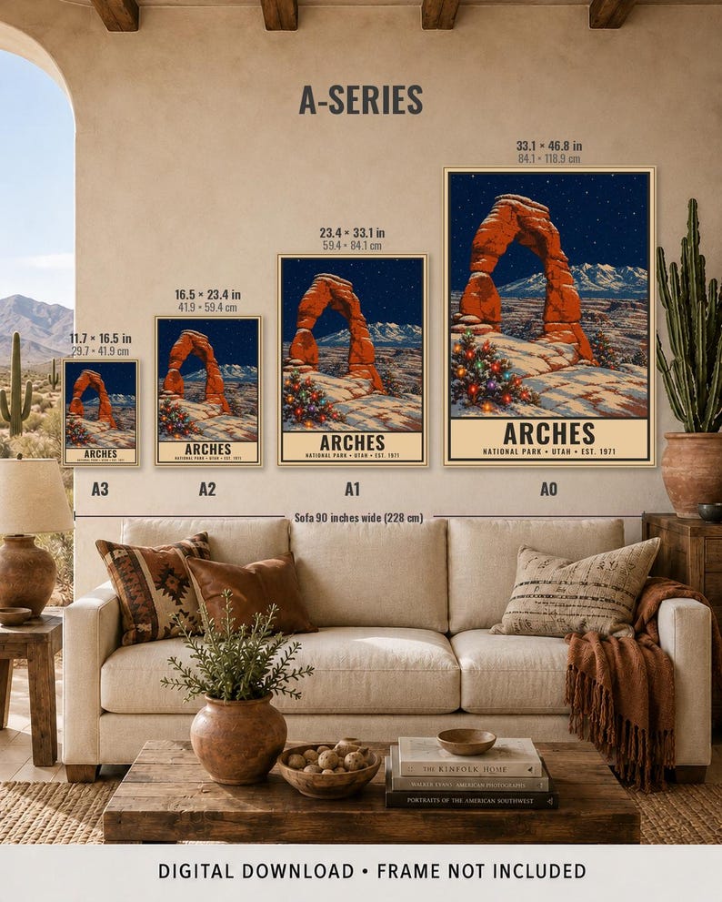 May include: A series of four posters titled A-SERIES featuring Arches National Park with a night sky and a decorated Christmas tree. Sizes range from 11.7 x 16.5 inches to 33.1 x 46.8 inches. The text reads ARCHES NATIONAL PARK UTAH EST. 1971.