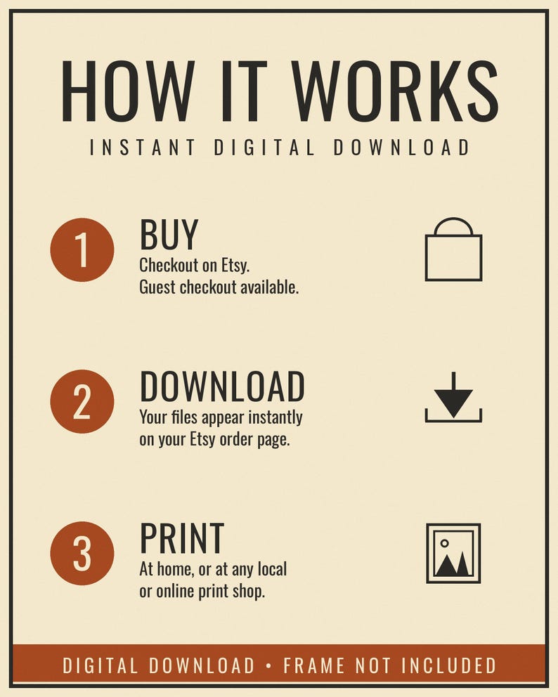 May include: An instructional graphic with a cream background and black text titled HOW IT WORKS INSTANT DIGITAL DOWNLOAD. It lists three steps: 1 BUY, 2 DOWNLOAD, and 3 PRINT, each with a corresponding icon of a shopping bag, arrow, and picture frame.