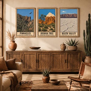 May include: Three vertical wall art prints featuring illustrations of Pinnacles, Joshua Tree, and Death Valley National Parks. Each print includes the park name, location, and establishment year. The text states Digital Download, Frame Not Included.