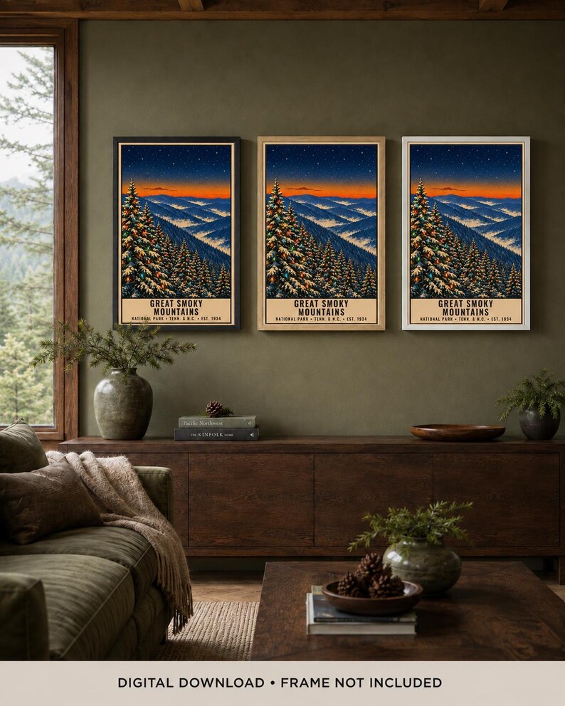 May include: Three identical vertical posters featuring a landscape illustration of the Great Smoky Mountains at sunset, with evergreen trees in the foreground, rolling blue mountains in the distance, and the text Great Smoky Mountains National Park.
