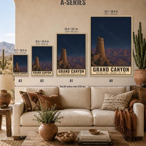 May include: A series of four vertical posters labeled A3, A2, A1, and A0, each depicting the Grand Canyon at night with a stone tower. Sizes range from 11.7 x 16.5 inches to 33.1 x 46.8 inches. The text reads GRAND CANYON NATIONAL PARK ARIZONA EST. 1919.