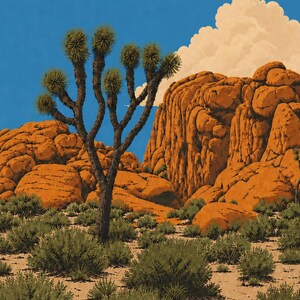 May include: A desert landscape illustration featuring a tall, multi-branched Joshua tree in the foreground. Behind the tree are large, rounded orange rock formations set against a bright blue sky with a single, large, fluffy white cloud.